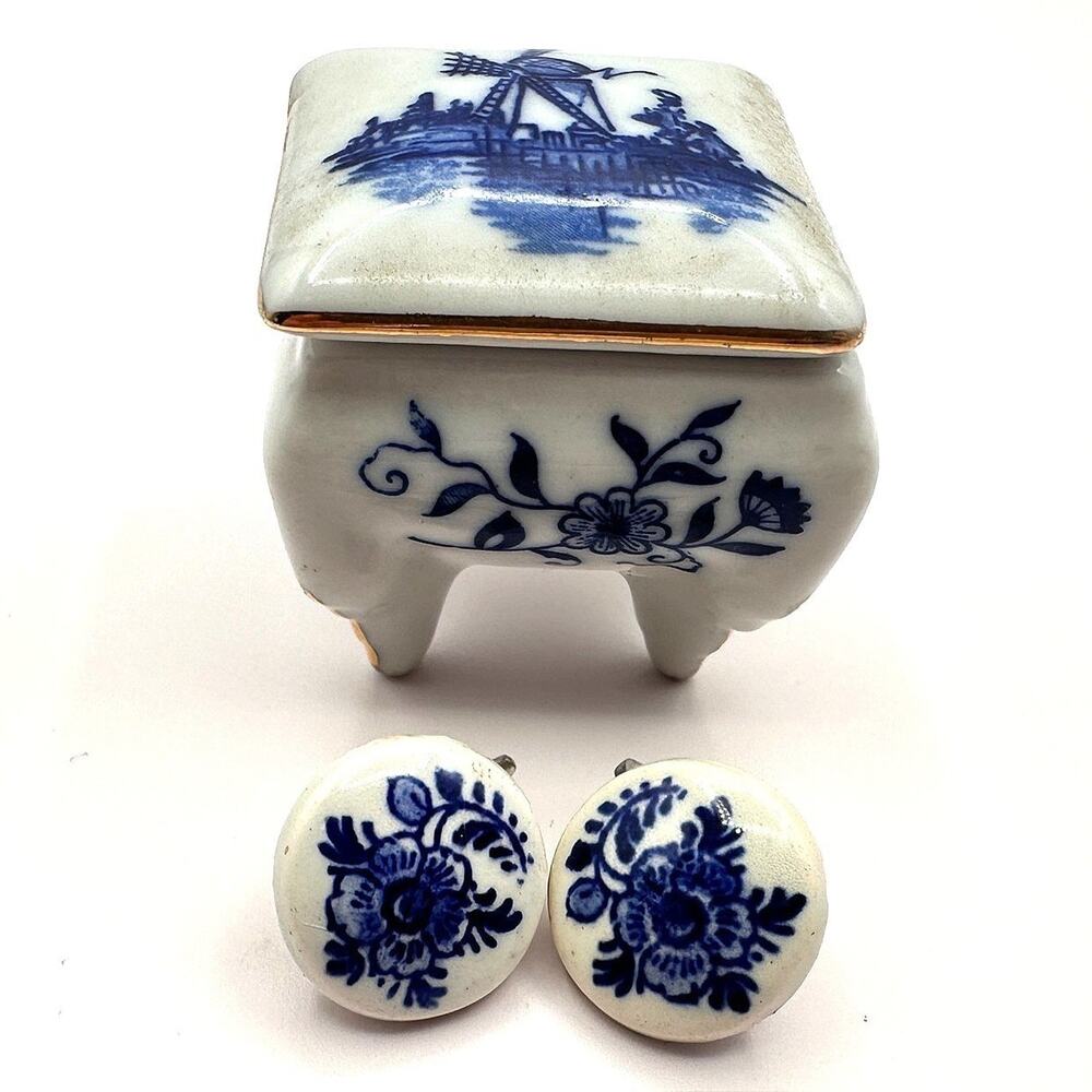 Vintage Blue White Porcelain Trinket Box w/ Matching Earrings Delft Windmill Set